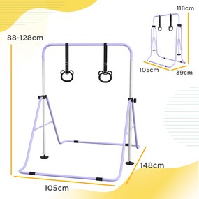 Barra de ginástica para crianças, barra horizontal dobrável com altura ajustável e argolas de ginástica, roxa