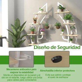 Conjunto de 2 Estantes Metálicas para Plantas 7 Níveis em Forma de Crescente Curvo com Gancho para Varanda 60x30x155 cm Brancas