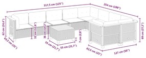 10 pcs conjunto sofás de jardim c/ almofadões vime PE cinzento