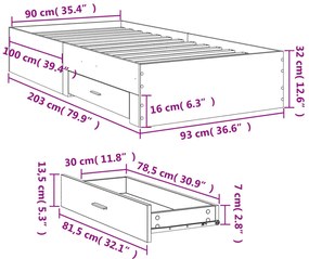 Estrutura de cama c/ gavetas 90x200 cm derivados madeira preto