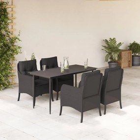 5 pcs conjunto de jantar p/ jardim c/ almofadões vime PE preto