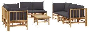 9pcs conj. lounge de jardim bambu c/ almofadões cinzento-escuro