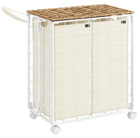 Cesto de roupa suja SONGMICS 110 L, saco de roupa suja com rodas, saco de roupa suja removível, 2 bolsos internos, carrinho de roupa suja com tampa, 57 x 33 x 65 cm, para lavanderia, bege natural-branco creme LCB211N01