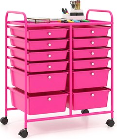 Carrinho auxiliar com rodas e 12 gavetas empilháveis 64 x 38 x 75 cm com estrutura metálica para cozinha, escritório e casa de banho Rosa
