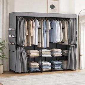 Roupeiro de Tecido com 5 Varões 5 Prateleiras 6 Bolsos Laterais Fecho de Correr Estrutura em Aço 212x45x167 cm Cinza