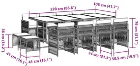 13 pcs conj. jantar jardim c/ almofadões vime PE cinzento-claro