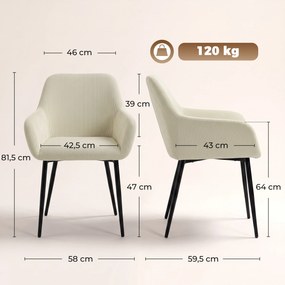 Conjunto de 2 cadeiras de sala de jantar e de cozinha, estofadas em veludo canelado, com braços e encosto, cor creme