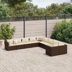 vidaXL 10 pcs conj. sofás jardim com almofadões vime PE castanho