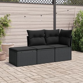 vidaXL 3 pcs conjunto sofás de jardim com almofadões vime PE preto