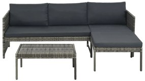 3 pcs conjunto lounge de jardim c/ almofadões vime PE cinzento