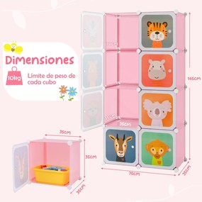 Armário infantil portátil para bebés 75 x 37 x 145 cm Plastico com 8 cubos e secção para pendurar roupas rosa