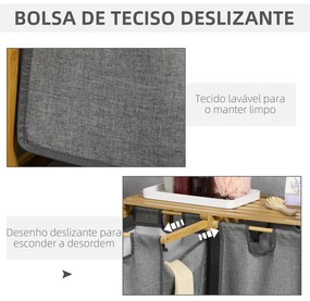 Cesto de Roupa de Bambu para Lavandaria com 2 Bolsas Amovíveis e Prateleira 63,5x33x73 cm Madeira e Cinza