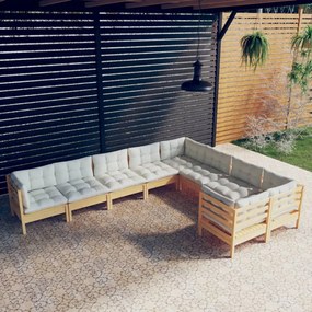 vidaXL 9 pcs conjunto lounge de jardim c/ almofadões cor creme pinho