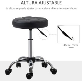 HOMCOM Banco Giratório com Rodas Altura Ajustável entre 48-63cm Banco de Trabalho Estofado em Couro PU para Salão Dentista Diâmetro Ø35,5cm Preto