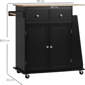 Mesa de cozinha para ilha de cozinha com bancada 80 x 45 x 89,5 cm, prateleira, suporte para garrafas, suporte para panos de cozinha, 2 gavetas e armá