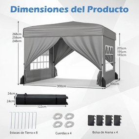 Tenda Dobrável de Exterior feiras, eventos, festas, 300 x 300 x 250-268 cm, 4 Paredes Removíveis e 4 sacos areia Cinzento