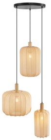 Candeeiro suspenso Japandi preto e dourado com abajur bege 3-luzes - Pluni Japandi