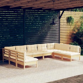 vidaXL 9 pcs conjunto lounge jardim c/ almofadões creme pinho maciço