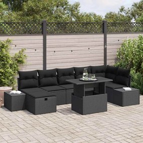 vidaXL Conjunto de Sofá de Jardim com Almofadas Preto Vime Poliratan