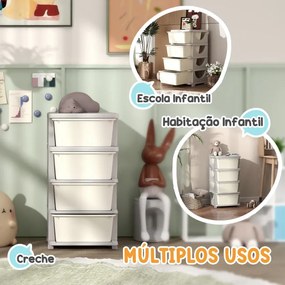 Organizador de Brinquedos 37x37x76 cm com 4 Gavetas Torre de Arrumação para Crianças +3 Anos Cantos Arredondados e Pegas  Creme