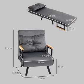 Poltrona Convertível em Cama Poltrona 3 em 1 Convertível em Cama com Encosto Ajustável em 5 Níveis 63x73x81 cm Cinza
