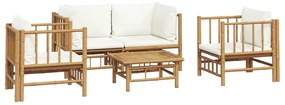 5 pcs conjunto lounge de jardim bambu c/ almofadões branco nata