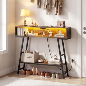 Mesa consola com luz LED e base de carregamento 100 x 20 x 86,5 cm, 3 níveis, com compartimento e prateleira, para corredor, entrada ou sala de estar,