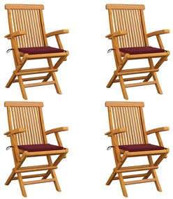 Cadeiras jardim c/ almofadões vermelho tinto 4 pcs teca maciça
