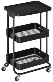 HOMCOM Carrinho de Cozinha com Rodas Carrinho de Armazenamento de 3 Níveis e Rodas com Freio para Sala de Estar Dormitório Escritório 46x34,5x76,5cm Preto