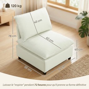 Poltrona de sala  146 x 85 x 78 cm moderno sem braços, com assento largo e almofadas grossas, creme