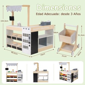 Conjunto de supermercado para crianças de madeira com carrinho, máquina de venda automática, caixa registradora, estantes e comidas de brincar cinza