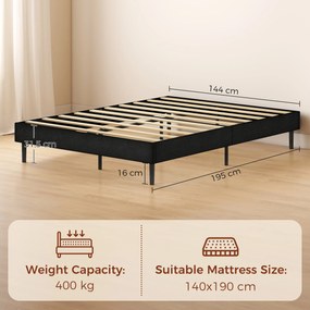 Cama Estofada 144x195 cm com Revestimento em Chenille Estrado de Ripas em Madeira Pés em Aço Montagem Fácil 400 kg Cinza