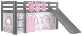 Conjunto Cama alta de Criança PINO 90 x 200 cm + estrado + escada + escorrega + cortina + bolsas de arrumação Passaros Cinzenta