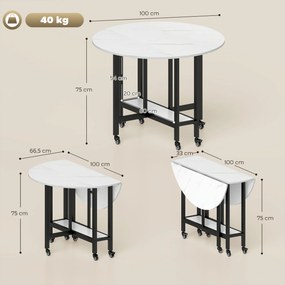 Mesa de Jantar Dobrável, 100 x 100 x 75 cm (CADEIRAS NÃO INCLUIDAS), com Rodas Bloqueáveis, Branco