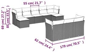 10 pcs conj. sofás jardim com almofadões vime PE cinzento-claro