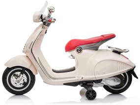 Vespa 946 para crinaças com marcha-atrás, licença, rodas auxiliares, bateria de lítio, 2 motores de 30 W, assento em couro, leitor de MP3 com entrada