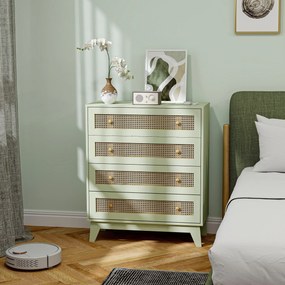Cómoda com 4 gavetas 80 x 35 x 95 cm, móvel de arrumação em vime com efeito de madeira clara, verde