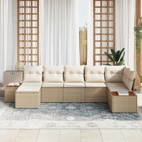 Sofá de Jardim Com 7 Peças e Almofadas em Rattan Poli Beje e Madeira d