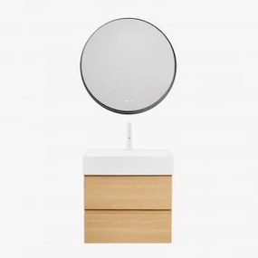 Conjunto De Móvel De Casa De Banho Em Madeira E Chapa De Freixo Com Lavatório Integrado Ona Madeira Natural & Redondo Led - Sklum