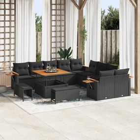 Conjunto de Sofá de Jardim vidaXL de 13 Peças com Almofadas Preto Rattan Acácia