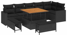 Sofá de Jardim com 9 Peças e Almofadas Pretas em Rattan Sintético e Ac