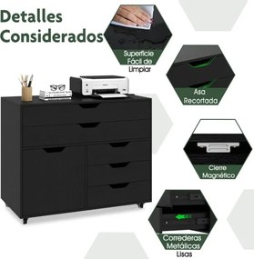 Armário de armazenamento para escritório 77,5 x 40 x 64 cm com 5 gavetas com porta 5 rodas com rodas suporte para impressora Preto