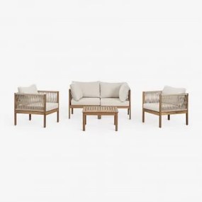 Conjunto De Sala De Estar Com Sofá Modular De 2 Peças Com Braços, 2 Poltronas E Mesa De Centro Em Madeira De Acácia Branson Branco Gardênia - Castanho