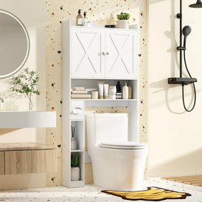Armário de casa de banho sobre a sanita 81,5 cm x 19,5 cm x 172,5 cm com porta dupla Porta-papel higiênico e prateleira ajustável Branco