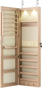 Armário de joias em madeira com espelho de parede e LED interno Organizador de porta ou parede com chave 35,5 x 10 x 120 cm Natural