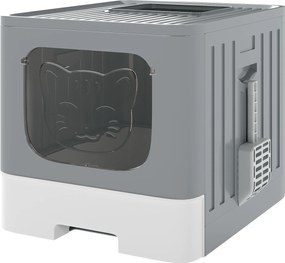 PawHut Caixa de Areia para Gatos Dobrável M Caixa de Areia com Tampa de Grelha Gaveta Removível Pá Gancho Lateral Fácil de Limpar Antifugas Cinzento | Aosom Portugal