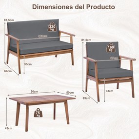 Conjunto de móveis de jardim de 4 peças em madeira de acácia com 1 mesa de centro, 2 cadeiras e 1 sofá para pátio, terraço ou varanda, cinza