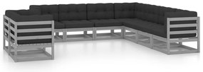 9pcs conjunto lounge de jardim c/ almofadões pinho maciço cinza