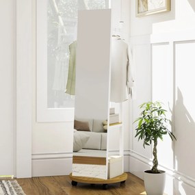 Espelho Pé de corpo inteiro com Cabide 45 x 135 cm, ganchos, estantes e rodas giratórias de 360° para quarto, armário ou hall de entrada, branco e nat