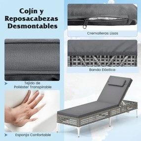 Espreguiçadeira de jardim com encosto ajustável em 6 níveis, almofada e apoio para a cabeça removíveis com capa com fecho de correr cinzenta